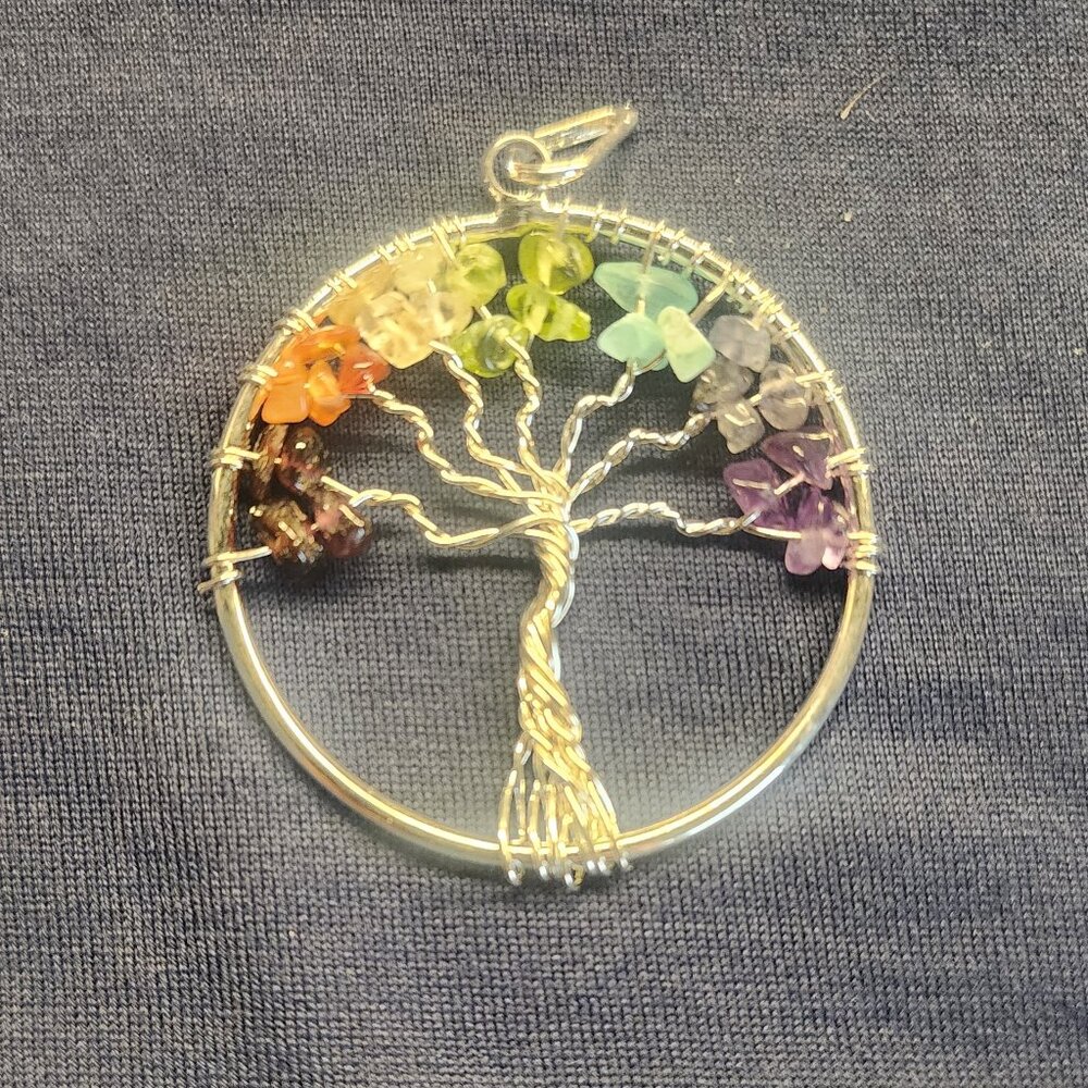 1.5 inch Dia silver tone wire Tree of Life pendant - genuine gemstones
